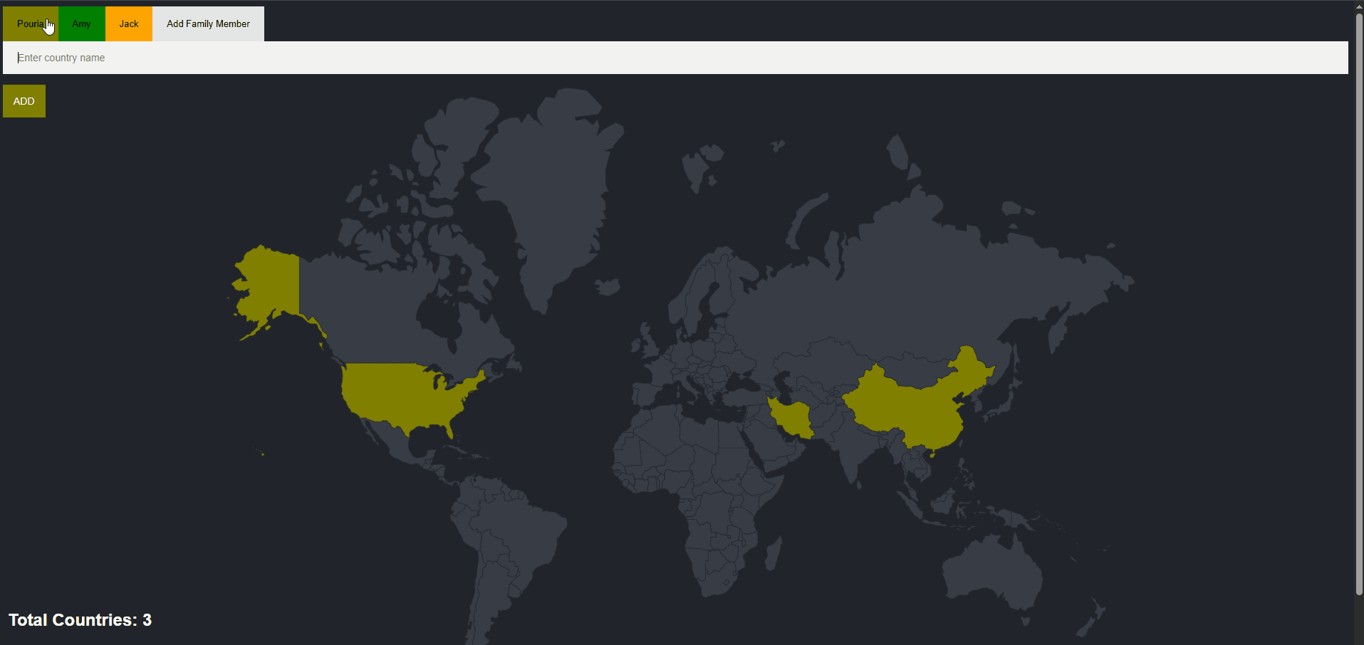 Family Travel Tracker app interface